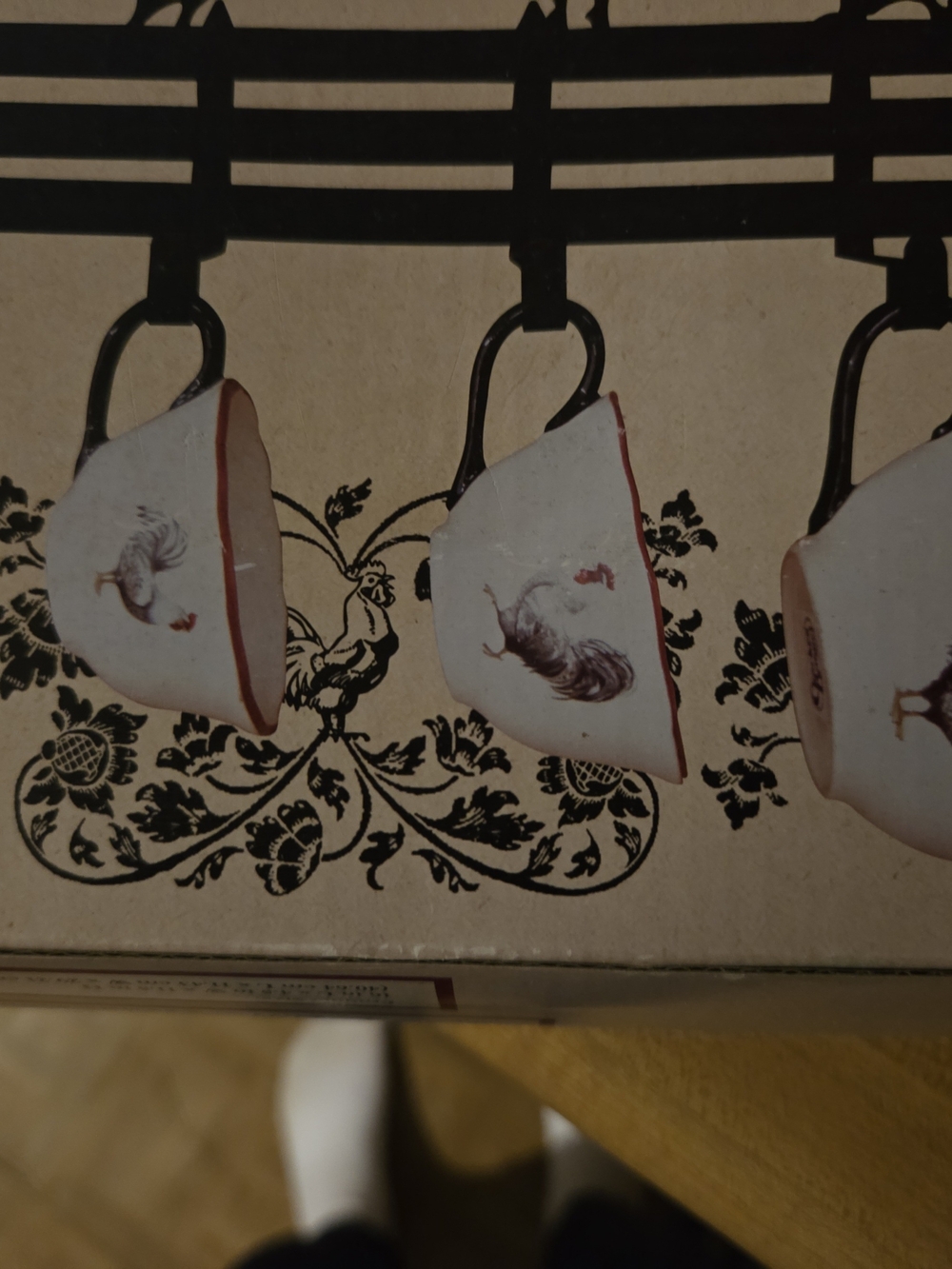 Rooster Ceramic Hanging Mug Set - White with Red Trim